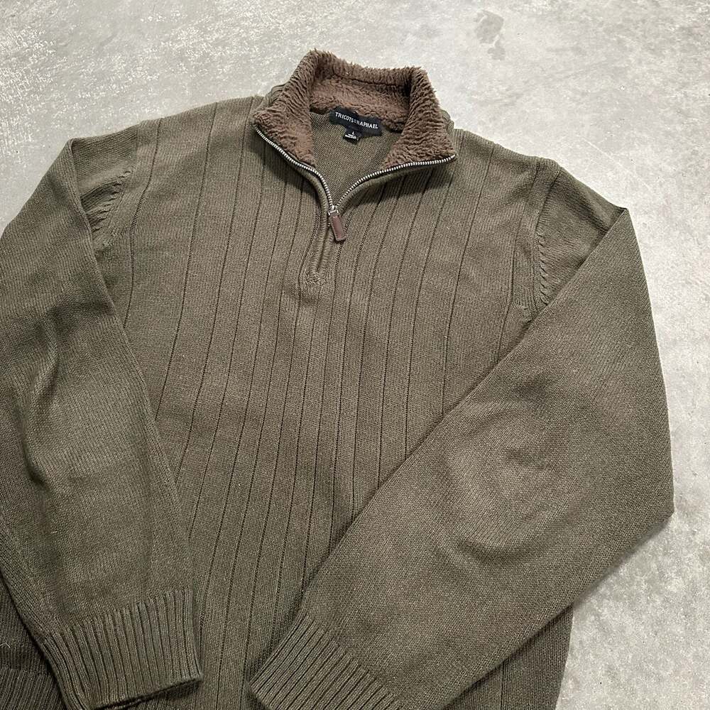 Tricots St Raphael Green Ribbed 1/4 Zip Pullover Sweater Sherpa Lined